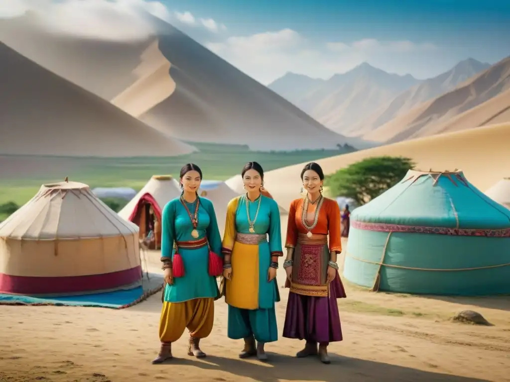 Mujeres nómadas en la Ruta de la Seda, exudando fuerza y riqueza cultural en paisaje majestuoso