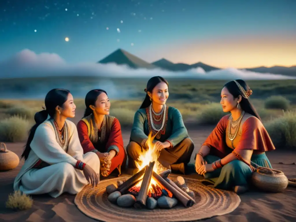 Mujeres nómadas: sabiduría y comunidad en la estepa Mujeres nómadas transmitiendo sabiduría y cultura alrededor de la hoguera en la estepa estrellada