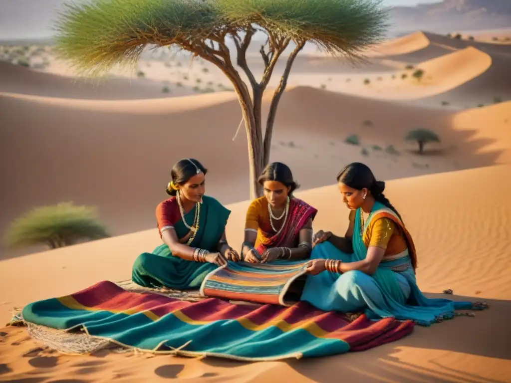 Mujeres nómadas tejiendo textiles bajo un árbol en el desierto