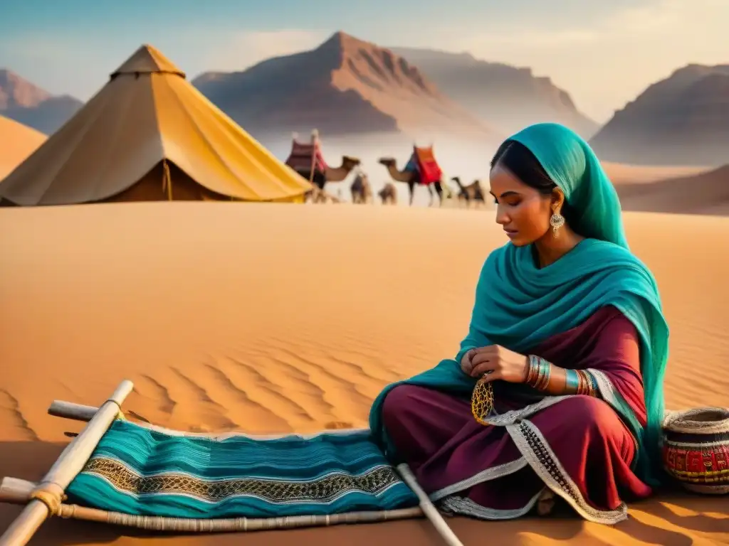 Mujeres nómadas tejiendo textiles bajo el cielo del desierto