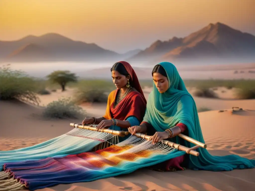 Mujeres nómadas tejiendo textiles en desierto al atardecer