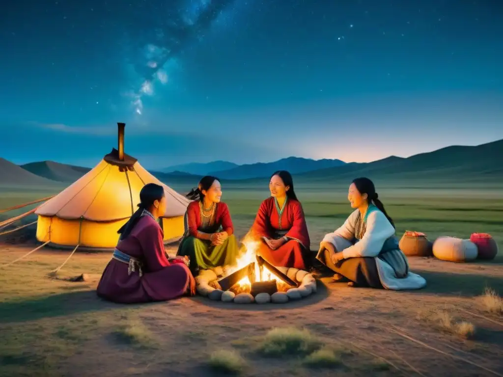 Mujeres protectoras del medio ambiente en la estepa de Mongolia, conversando alrededor de una fogata bajo un cielo estrellado