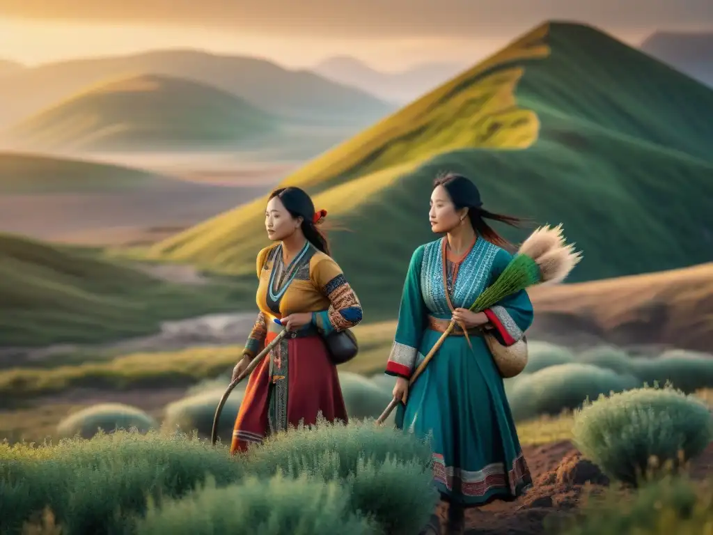 Mujeres protectoras del medio ambiente en las estepas, cuidando la naturaleza con atuendos tradicionales en un atardecer armonioso