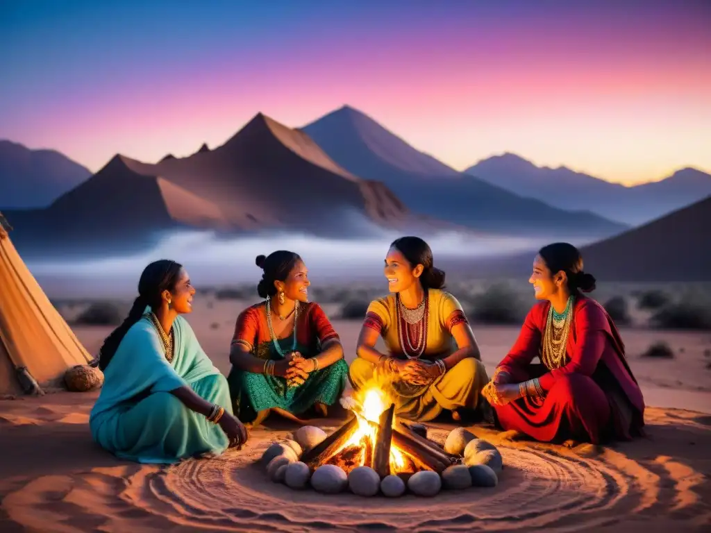 Mujeres tribales en la noche, compartiendo historias alrededor del fuego