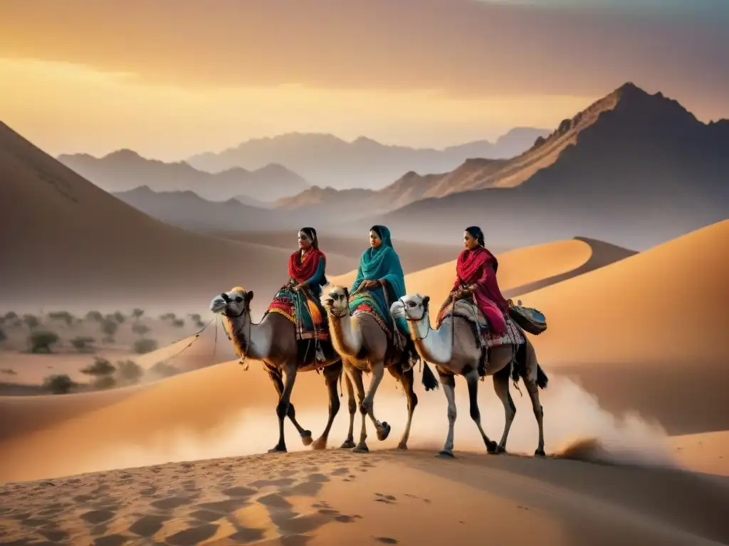 Mujeres de tribu nómada en camellos, atuendos coloridos, tatuajes y joyas, en desierto al atardecer, evocando comunidad y empoderamiento