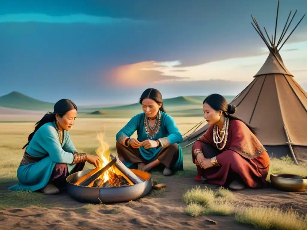 Mujeres de tribus nómadas adaptándose en la estepa bajo un cielo estrellado, cocinando, contando historias y creando