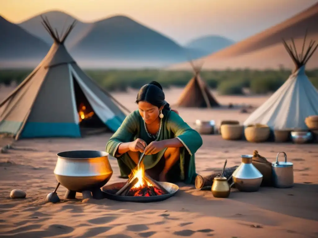 Mujeres en tribus nómadas supervivencia: escena de mujeres y niños preparando campamento en un desierto al atardecer