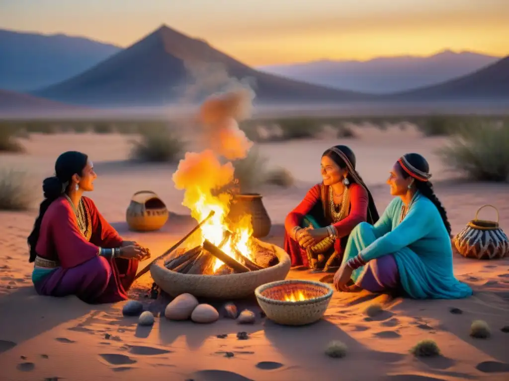 Mujeres de distintas tribus nómadas se reúnen alrededor del fuego en el desierto al atardecer, tejiendo, cocinando y tocando instrumentos musicales