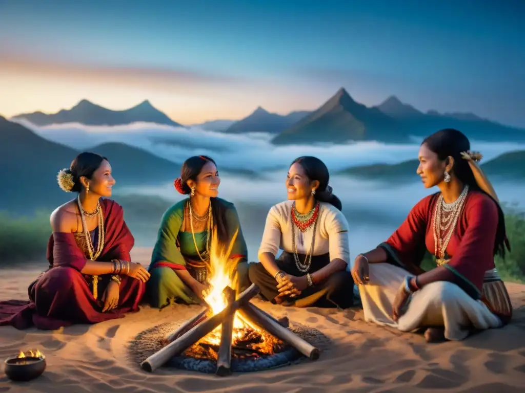Mujeres de tribus nómadas comparten historias y sabiduría alrededor del fuego, reflejando roles mujeres tribus nómadas