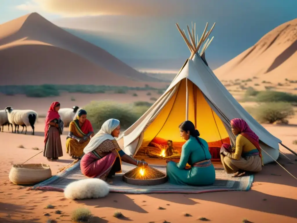 Mujeres de tribus nómadas tejiendo juntas en el desierto al atardecer, demostrando supervivencia y comunidad