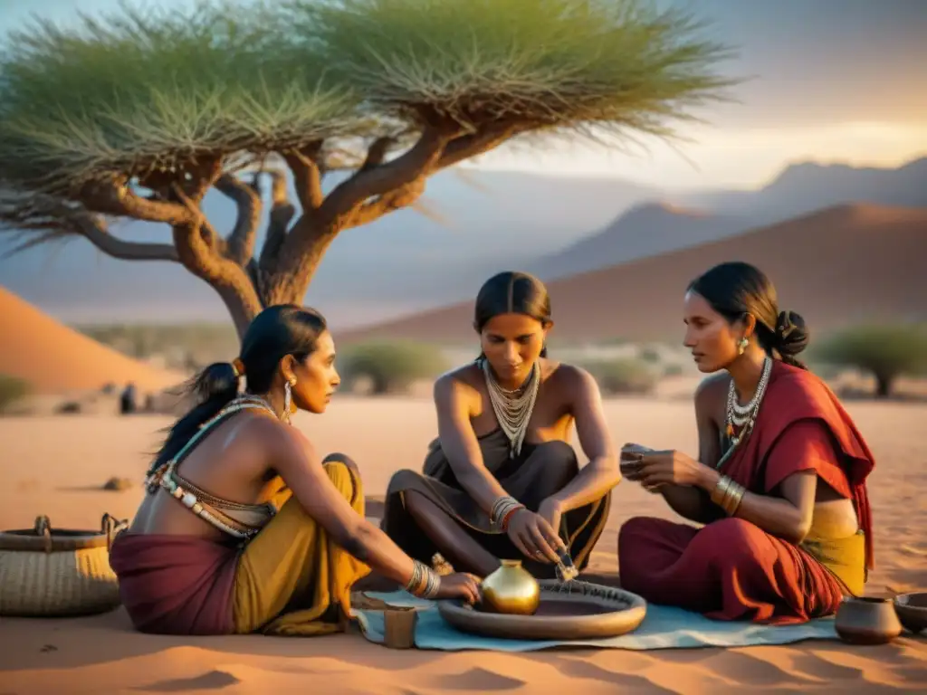 Mujeres en tribus nómadas adaptación: Mujeres de una tribu nómada tejiendo cuero bajo un árbol en el desierto al atardecer