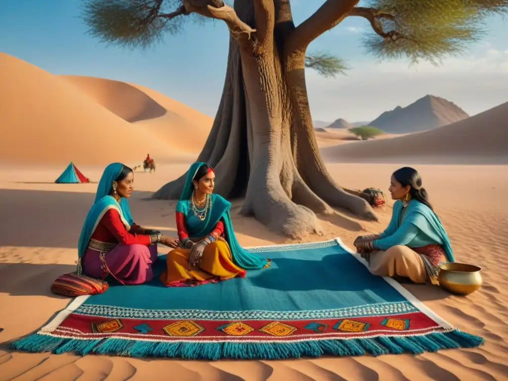 Mujeres en tribus nómadas adaptación: Mujeres de tribu nomáda tejiendo coloridas alfombras bajo un árbol en el desierto