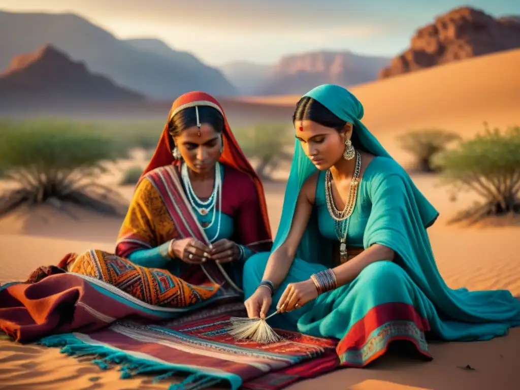 Mujeres en tribus nómadas supervivencia tejiendo en oasis desértico al atardecer