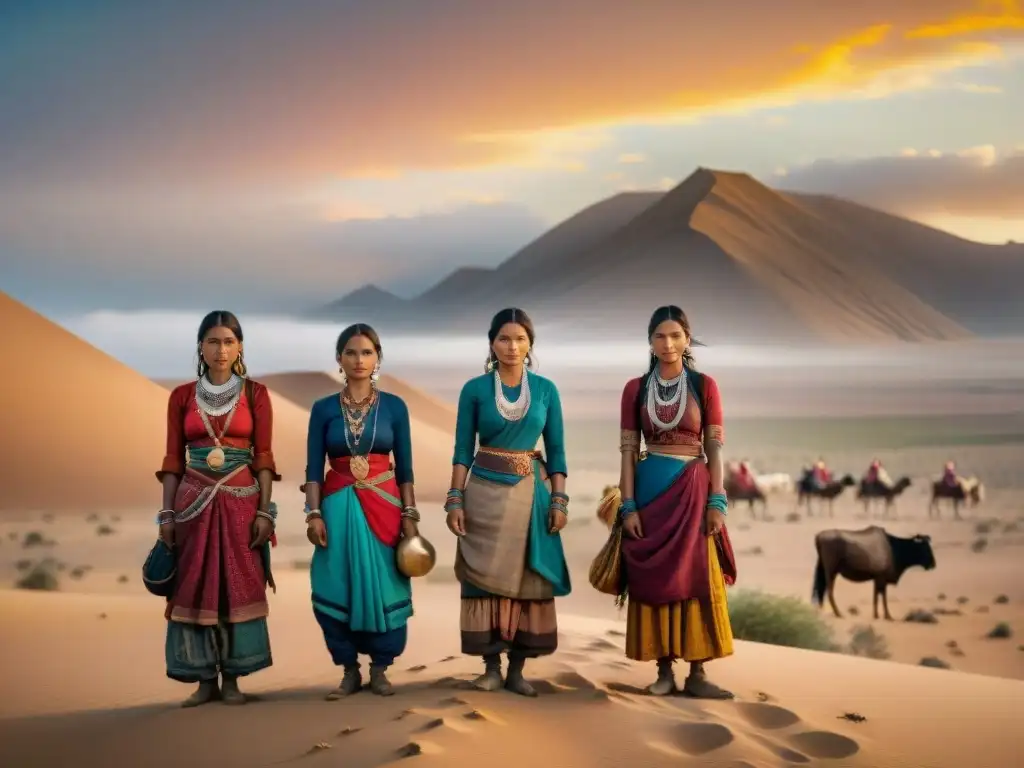 Mujeres tribus nómadas orgullosas en desierto al atardecer, destacando roles esenciales y autonomía