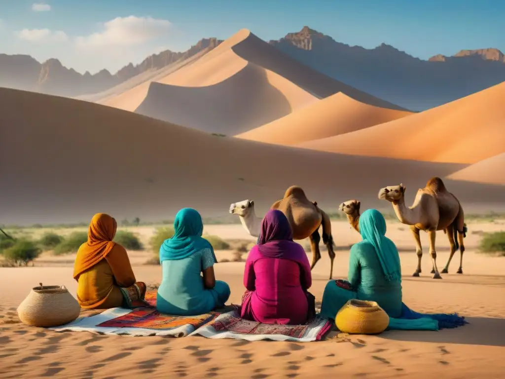 Mujeres en tribus nómadas tejiendo patrones en textiles coloridos bajo el cielo desierto, reflejando concentración y unidad