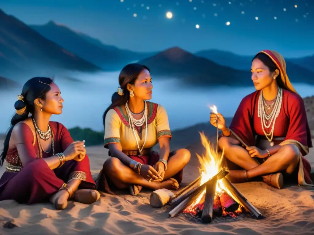 Mujeres de tribus nómadas, compartiendo sabiduría alrededor del fuego en una noche estrellada