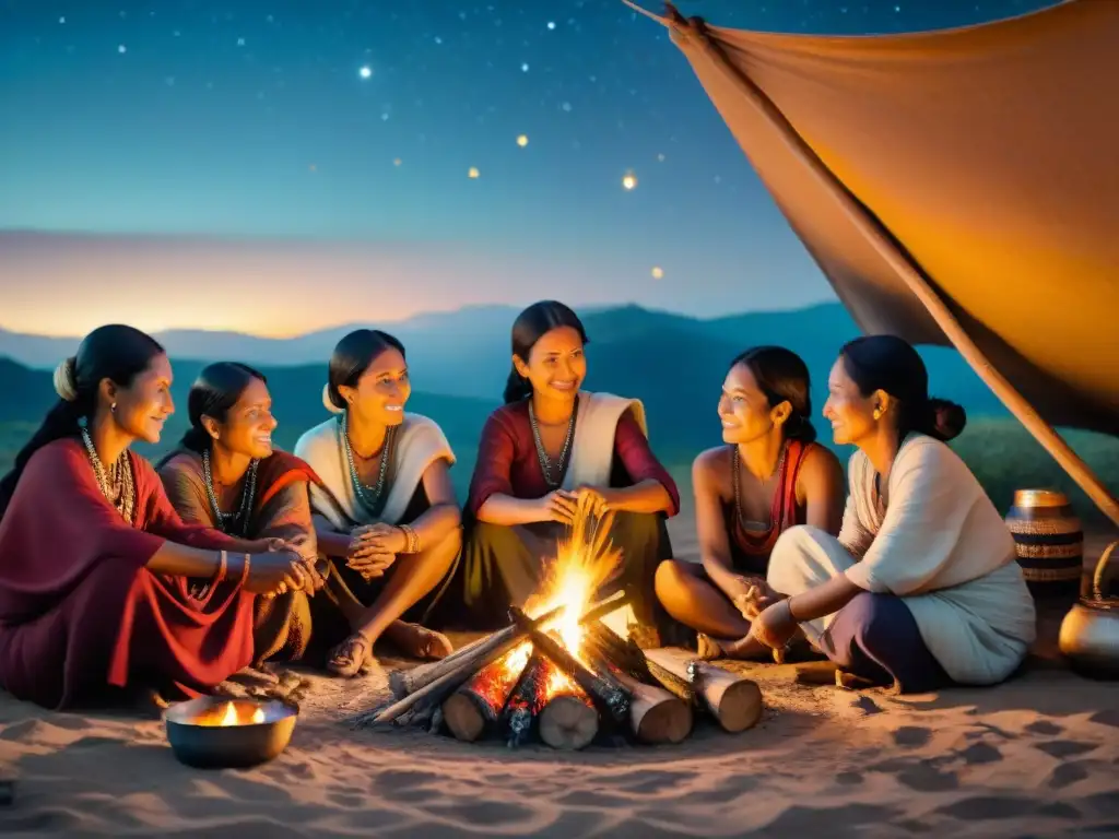 Mujeres de tribus nómadas realizan diversas tareas alrededor de una fogata bajo un cielo estrellado