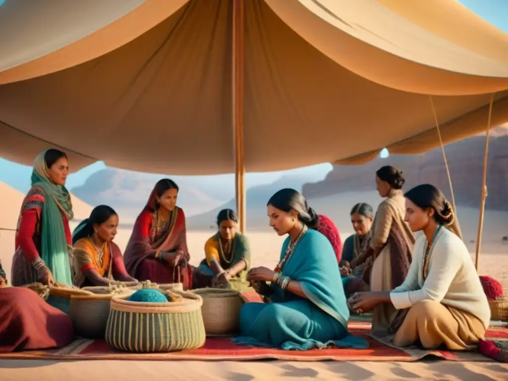 Mujeres en tribus nómadas tejiendo textiles bajo una carpa en el desierto, mostrando determinación y comunidad