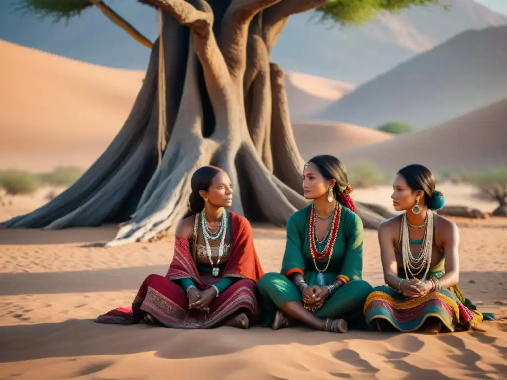 Mujeres de tribus nómadas tejiendo textiles bajo un árbol antiguo en el desierto