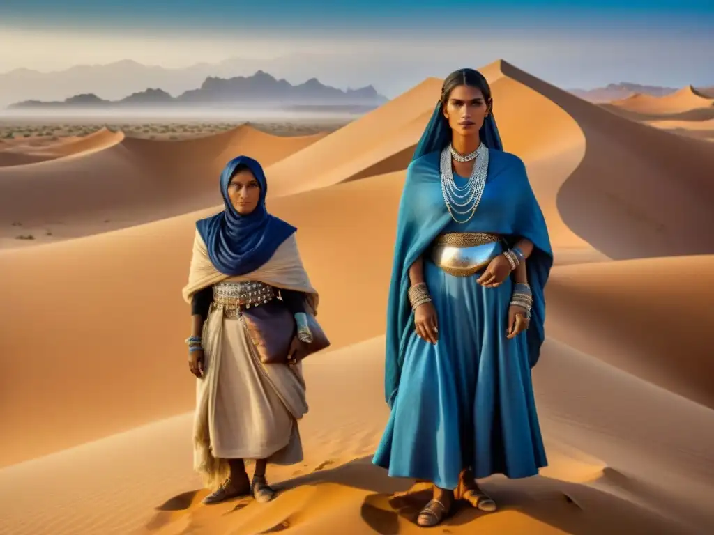 Mujeres Tuareg con atuendos tradicionales en el desierto del Sahara, reflejando su cultura nómada