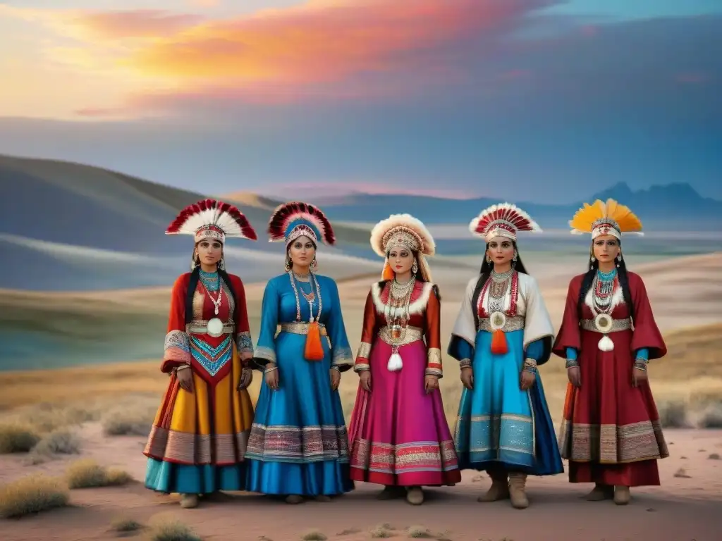 Mujeres Turcomanas en atuendos ceremoniales en la estepa al atardecer, reflejando el significado de las vestimentas tribales nómadas