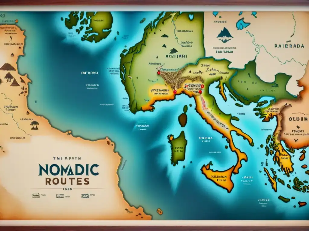 Visión del mundo: Mapa antiguo con rutas nómadas, símbolos tribales y detalles de la naturaleza en pergamino desgastado