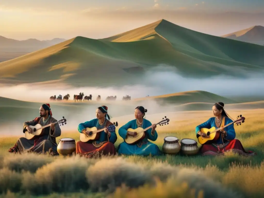 Música como comunicación en estepas: Nomadas tocando instrumentos tradicionales bajo el cielo abierto, rodeados de naturaleza y caballos al atardecer