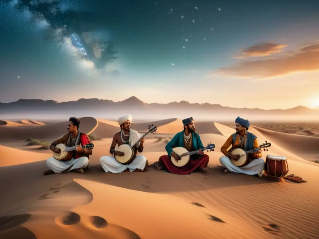 Música de tribus nómadas desérticas bajo un cielo estrellado en el desierto