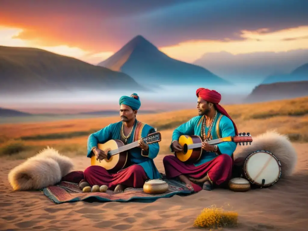 Música de tribus nómadas en las estepas, tocando instrumentos tradicionales al atardecer