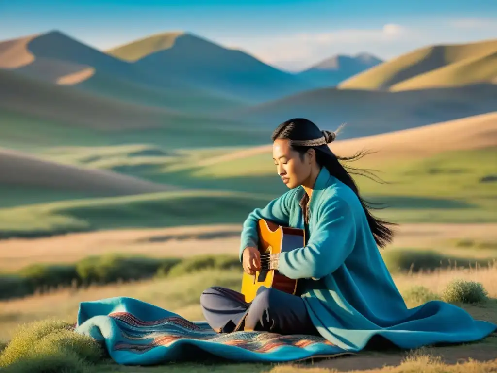 Un músico nómada contemporáneo tocando una dombra tradicional en las estepas de Mongolia