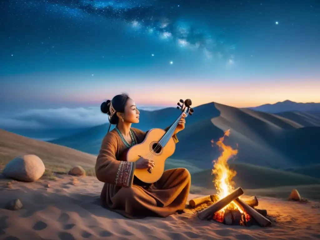 Un músico nómada tocando bajo las estrellas en las estepas