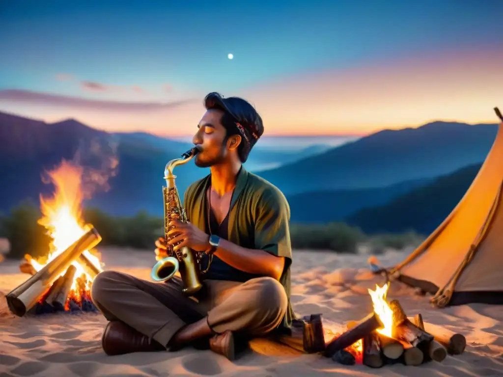 Un músico nómada tocando un instrumento musical tradicional bajo un cielo estrellado, rodeado de fogatas y tiendas