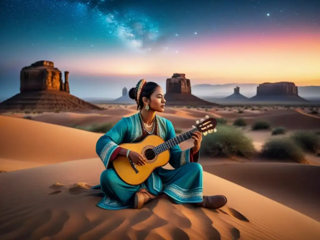 Un músico nómada tocando un instrumento tradicional bajo un cielo estrellado en el desierto