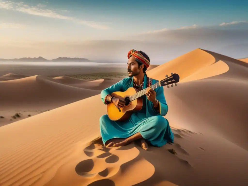 Un músico nómada tocando un instrumento tradicional bajo el cielo del desierto, rodeado de dunas