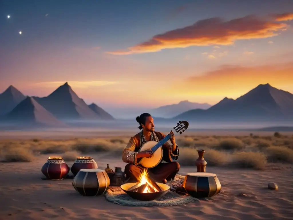 Un músico nómada tocando un instrumento tradicional bajo un cielo estrellado en la llanura