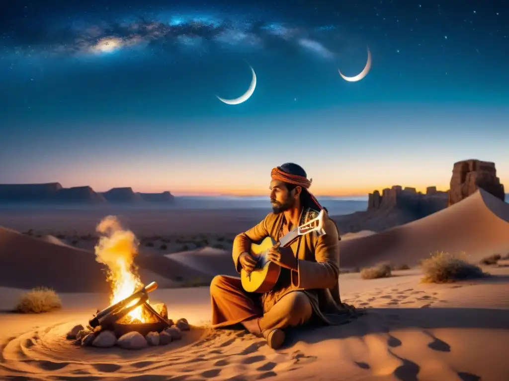 Un músico nómada tocando un instrumento de viento bajo un cielo estrellado en el desierto con instrumentos musicales culturas nómadas