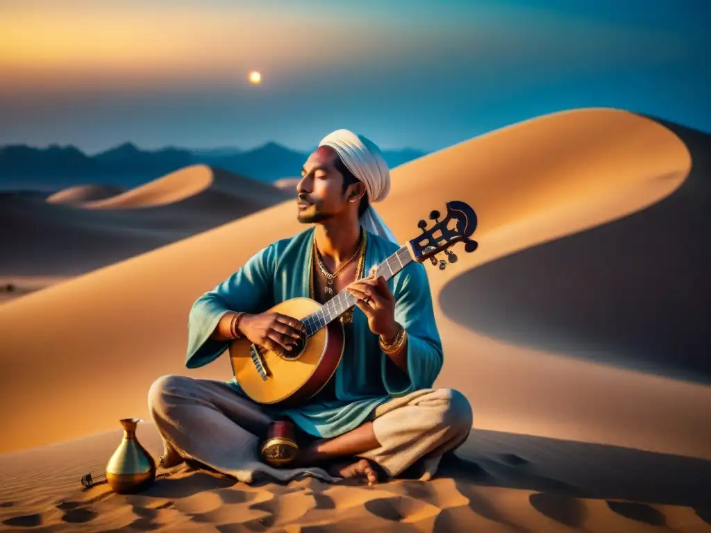 Un músico nómada tocando un instrumento de viento bajo un cielo estrellado, rodeado de dunas de arena