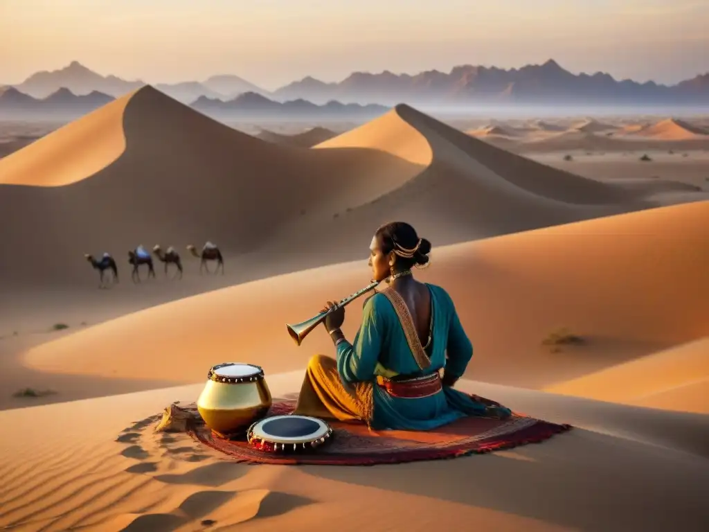 Un músico nómada solitario tocando una flauta de madera en un desierto al atardecer, con camélidos al fondo