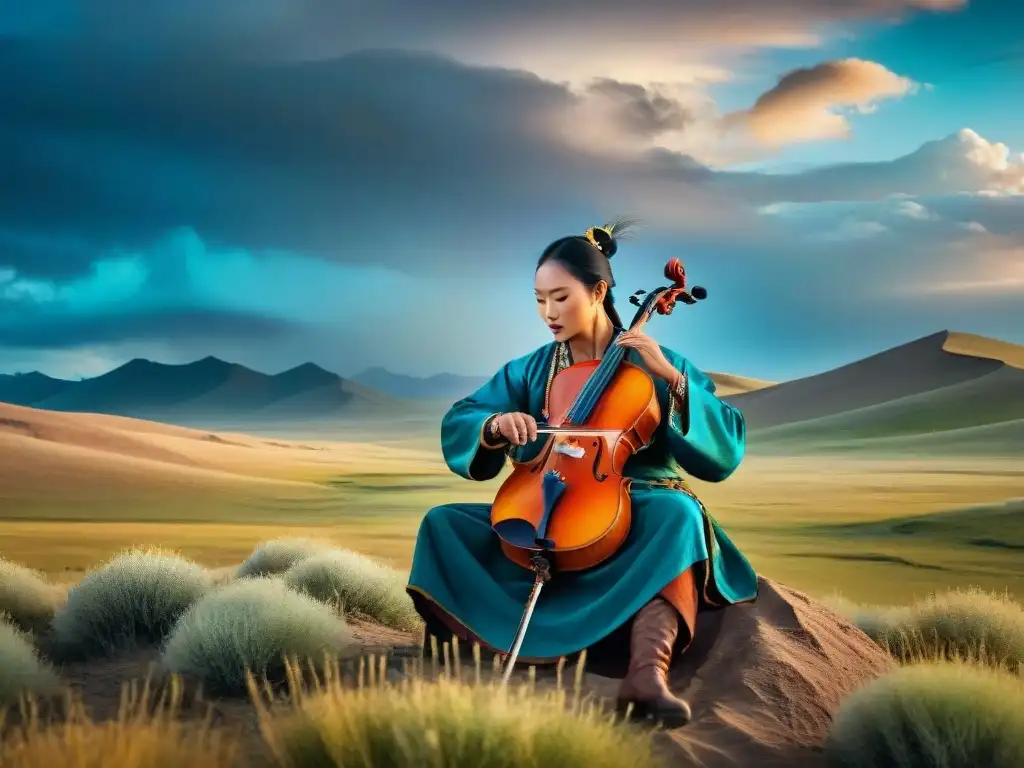 Un músico nómada contemporáneo tocando un violín tradicional en la estepa de Mongolia