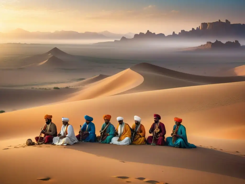 Músicos nómadas tocando instrumentos tradicionales en el desierto al atardecer