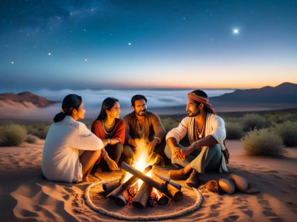 Narrativa visual en tribus nómadas: Tribus reunidas alrededor de fogata bajo cielo estrellado en desierto vasto