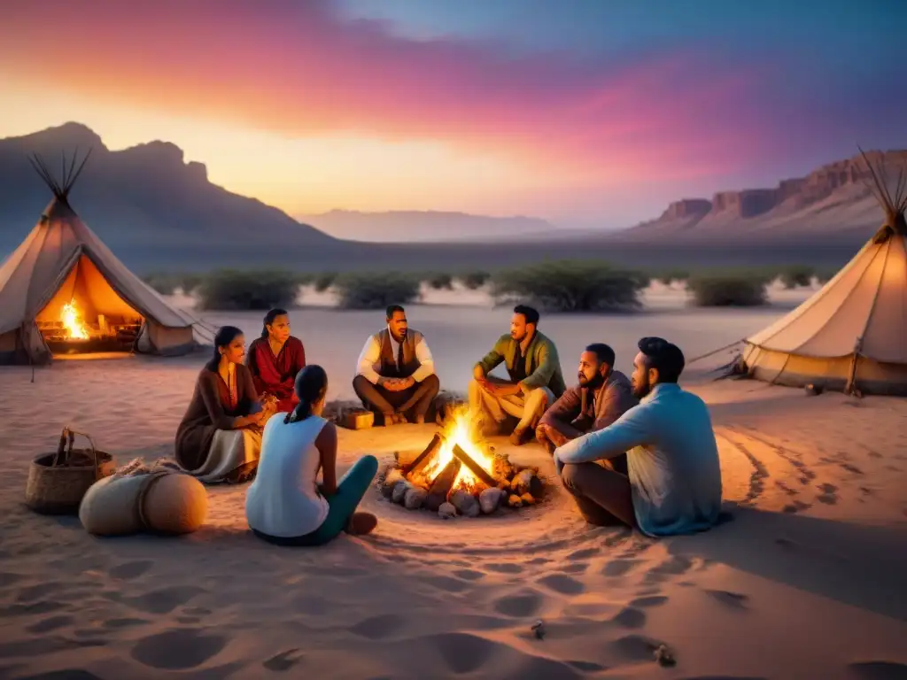 Narrativa visual en tribus nómadas: Tribus nómadas reunidas alrededor de una fogata al atardecer, escuchando relatos bajo las estrellas