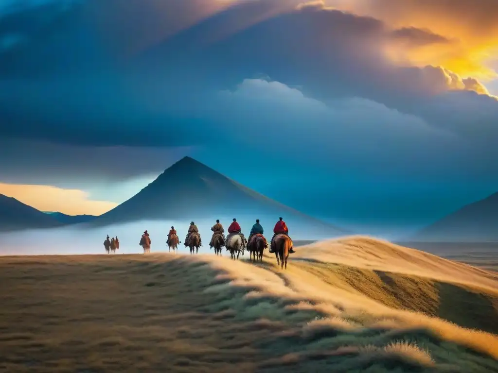 Fotografía natural de tribus nómadas cruzando la estepa al atardecer, en armonía con la naturaleza