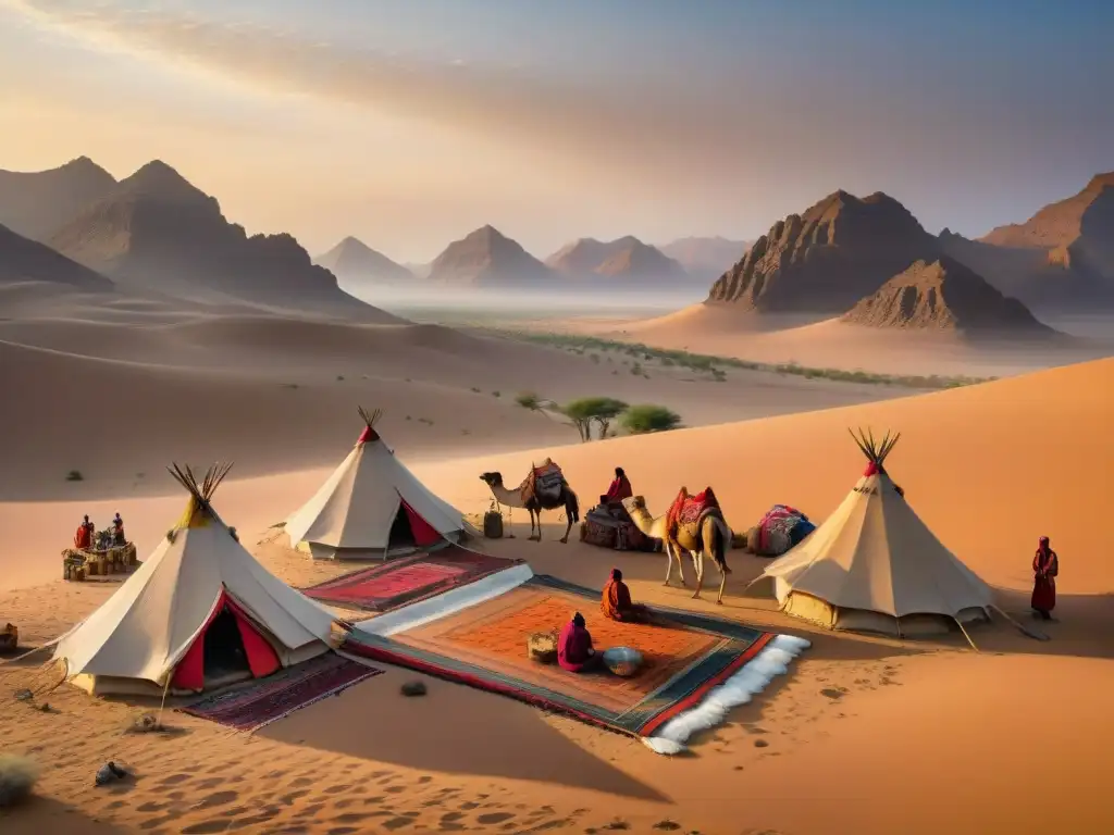 Fotografía natural de tribus nómadas en el desierto: campamento con tiendas de pelo de camello, alfombras, actividades y niños jugando