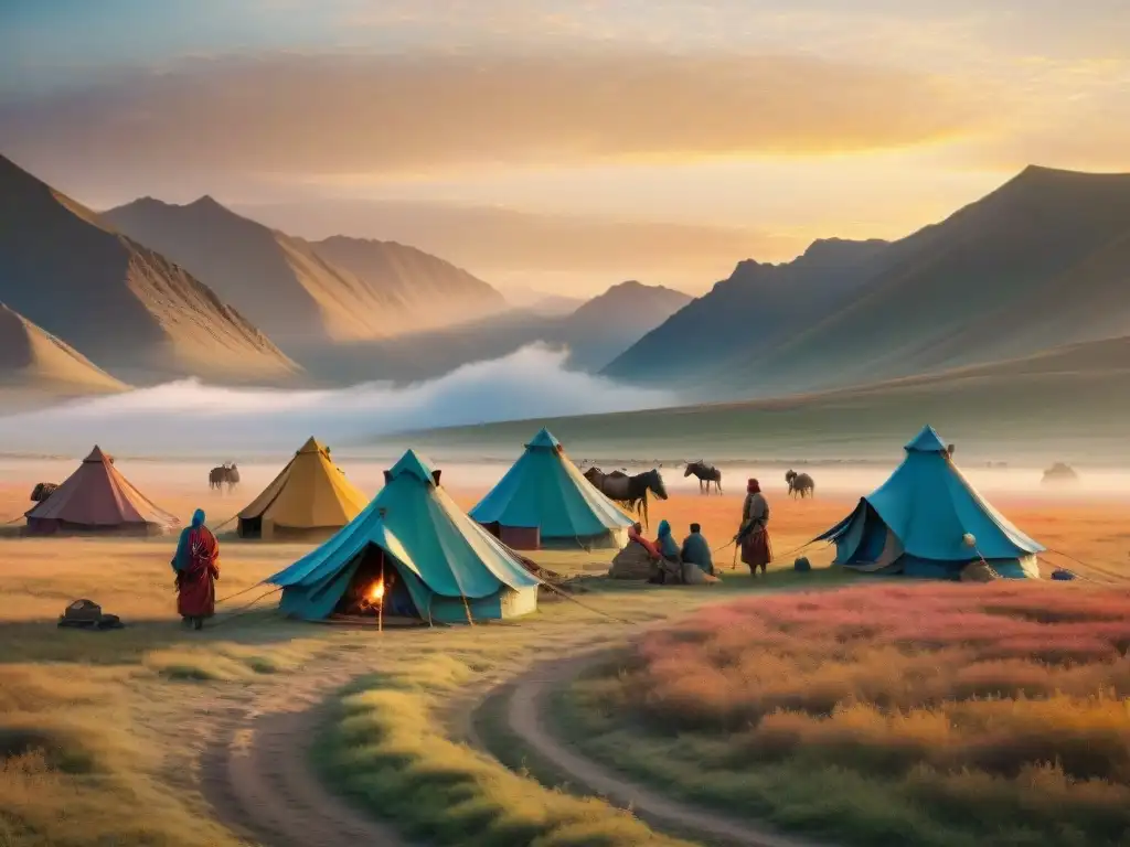 Fotografía natural de tribus nómadas en la estepa, campamento colorido al atardecer