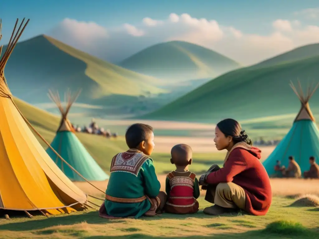 Niños escuchan cuentos de un anciano bajo el cielo abierto en una tribu nómada