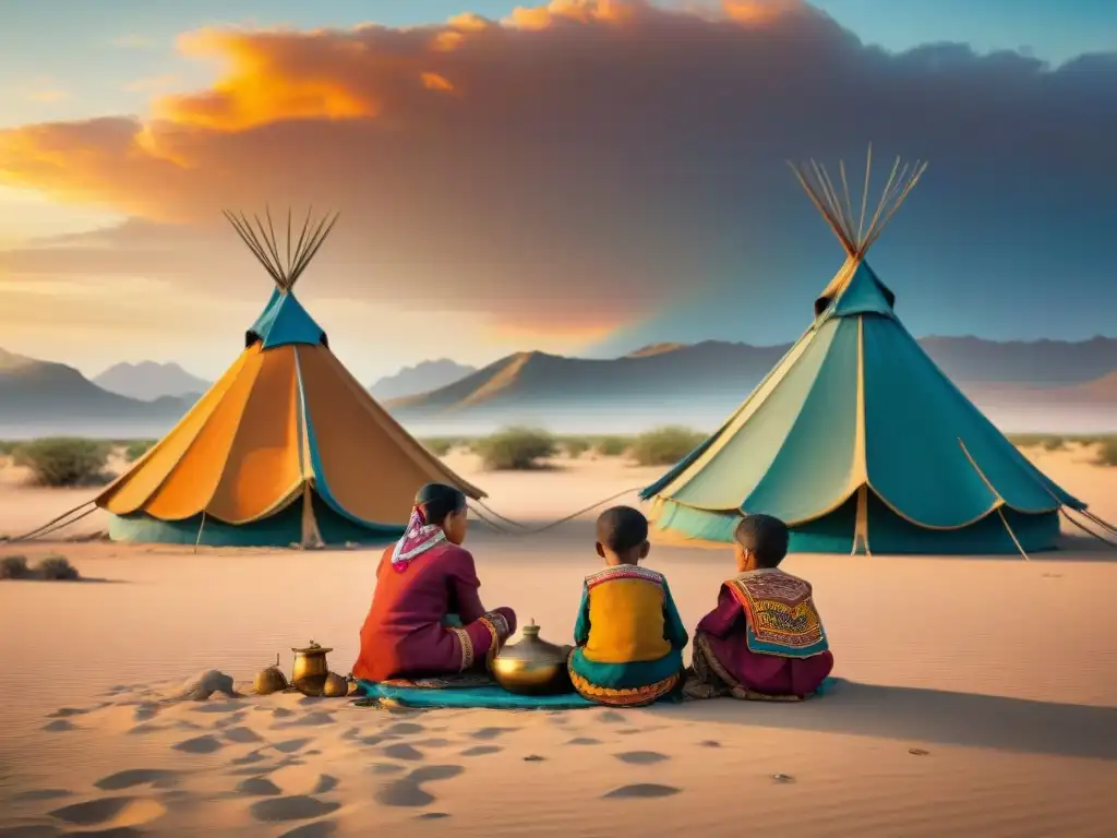 Niños nómadas juegan en el desierto al atardecer, mostrando comunidad y alegría