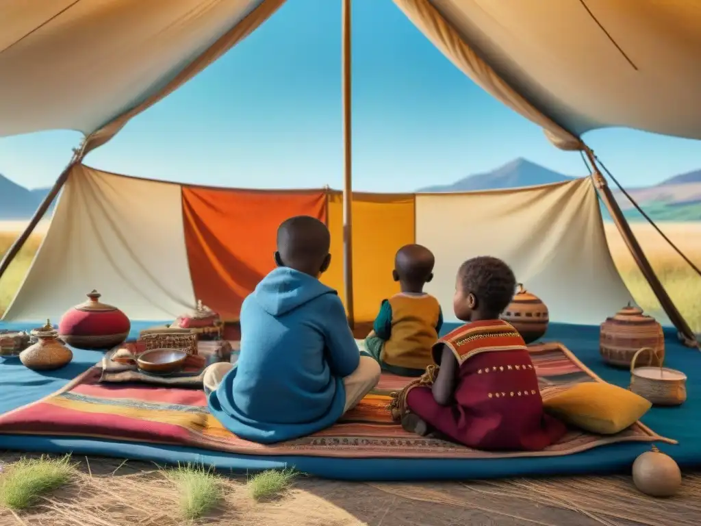 Niños nómadas escuchan historias bajo la carpa de colores, rodeados de juguetes artesanales y herramientas educativas