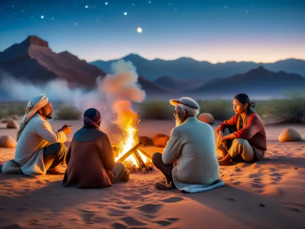 Noche estrellada en el desierto: tribus nómadas alrededor de fogata, tocando instrumentos tradicionales