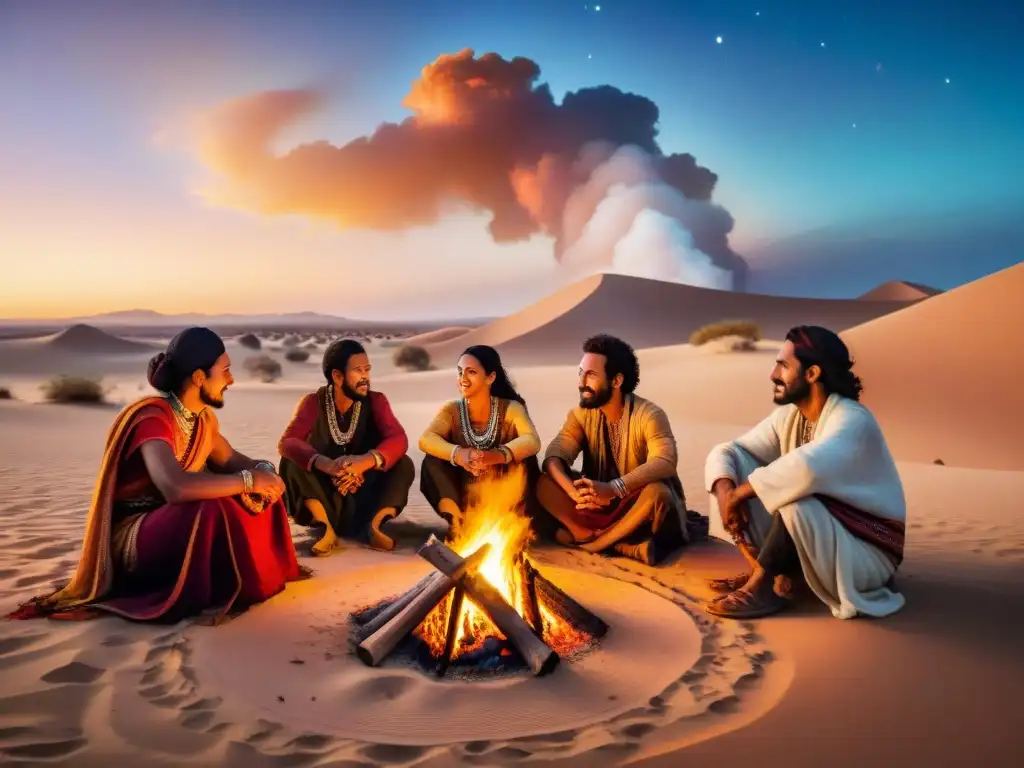 Encuentro multicultural alrededor del fuego en el desierto Noche estrellada en el desierto: tribus nómadas preservando la diversidad lingüística